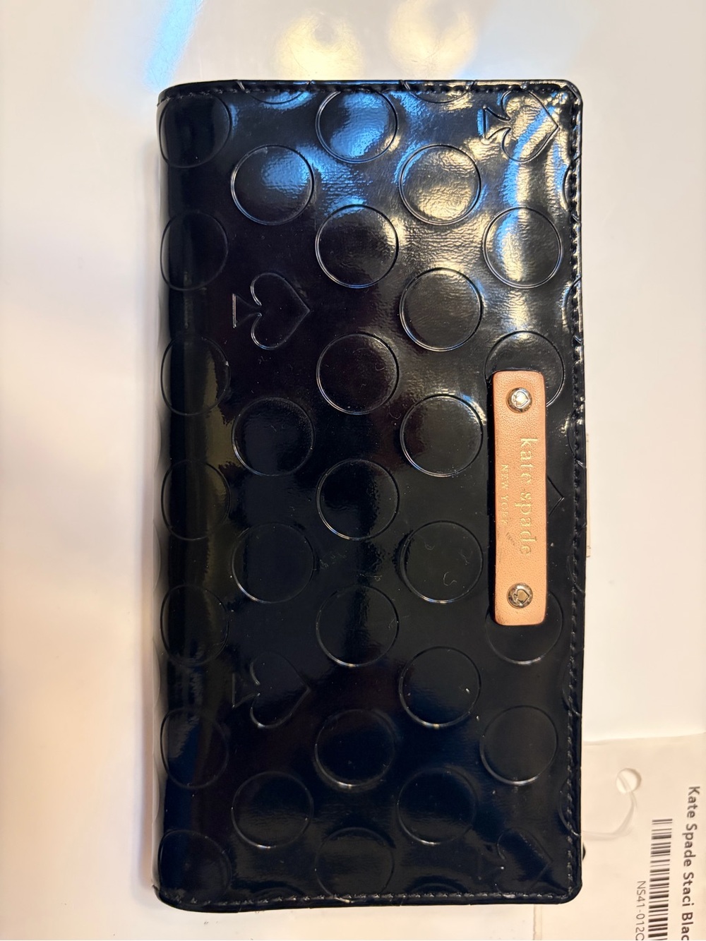 kate spade Black Patent Polka Dot Long Wallet with Tan Logo Plaque